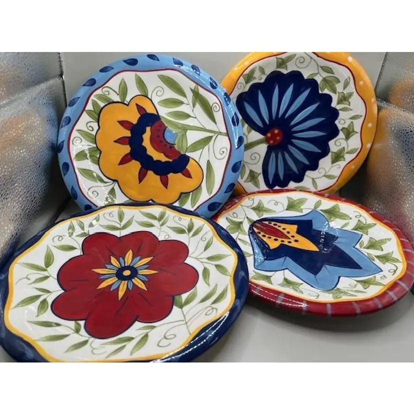 Set of 4 Pier 1 Hand Painted Colorful Floral Pattern Earthenware Plates ~ Vibrant Kitchen Decor
