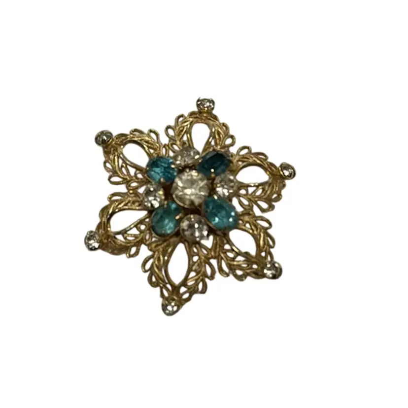 Scitarelli Gold Tone Aqua Blue & Clear Rhinestones Star Pendant Brooch - 2”