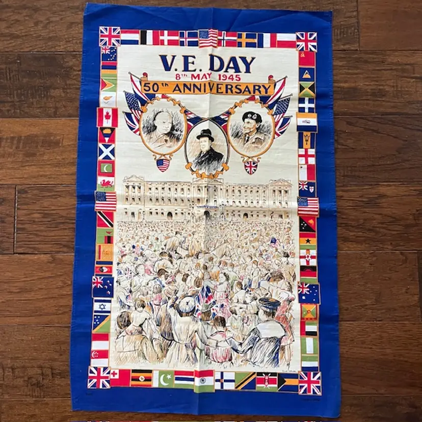 Vintage VE Day 50th Anniversary Tea Towel by Clive Mayor. 100% cotton