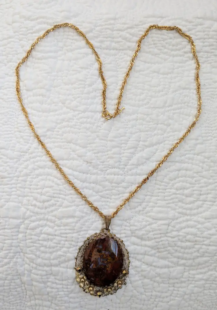 Vintage Ornate Stone Pendant in Shades of Rust and Brown in A Trifari Chain