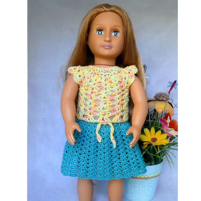 Handmade Crochet 18" Doll Outfit - Yellow Lace Top and Turquoise Teal Skirt