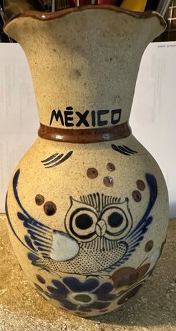 Vintage Mexican Tonala Pottery Vase with Hand Painted Owl 8 1/2" Signed JC