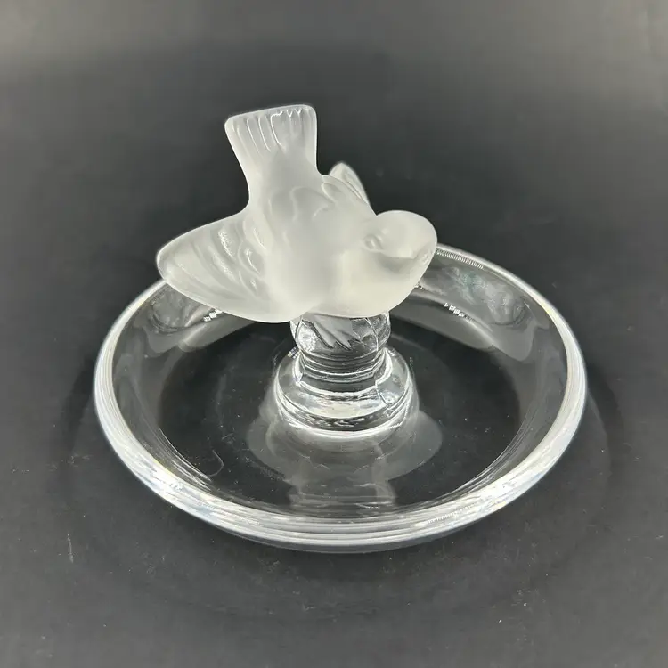 Vintage Lalique Crystal Ring Dish With A Frosted Bird Figure. Signed Lalique France On The Bottom.