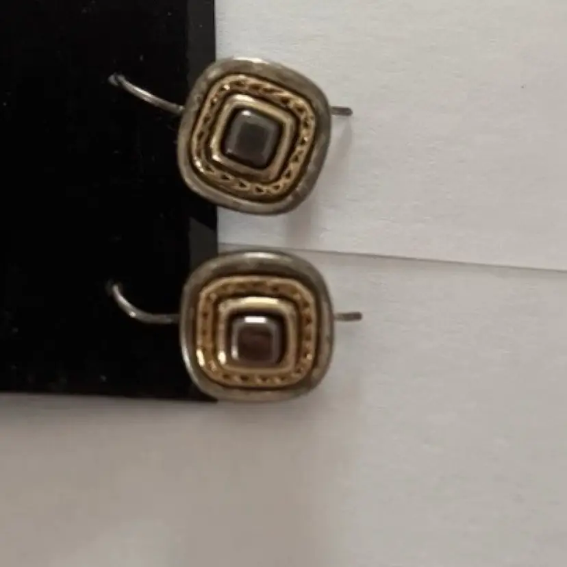 Vintage Liz Claiborne LC Mixed Metal Square Drop Earrings Gray Cabochon