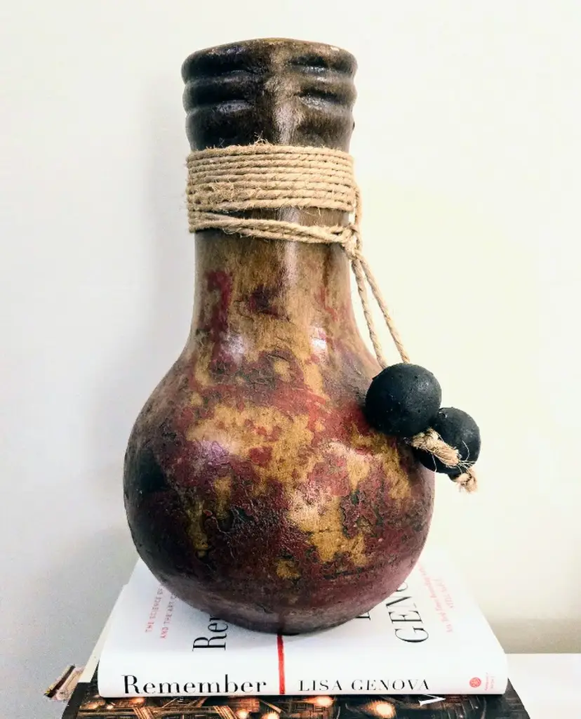 Vintage Mexican Handmade Earthenware Pottery Vase Brown/Black/Red - 12"