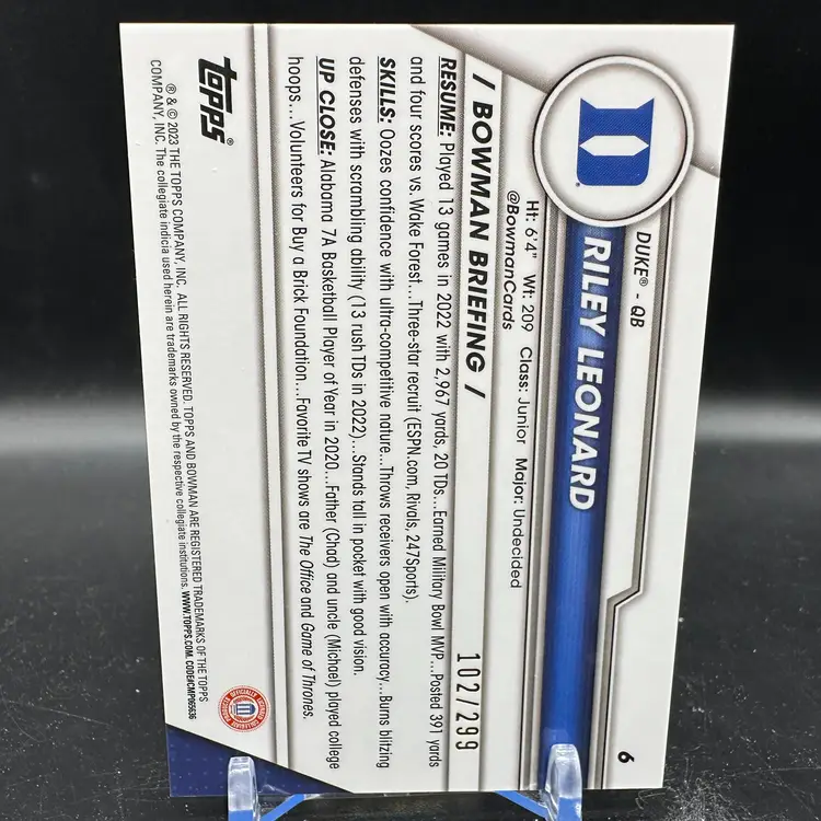 RILEY LEONARD 1st Bowman Aqua Refractor /299 2023 Bowman U Chrome Duke ND