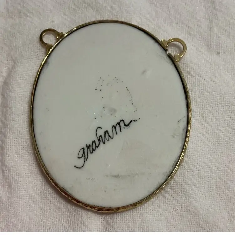 Hand Painted by Irene Graham Pendant Gold Tone 2.25 x 1.75” Floral Iris