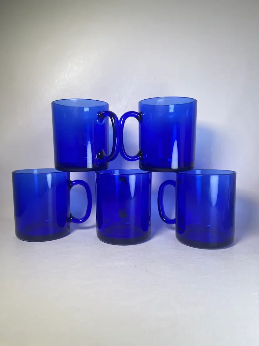 Vintage Cobalt Blue Glass Mugs Set Of Cups Made In France