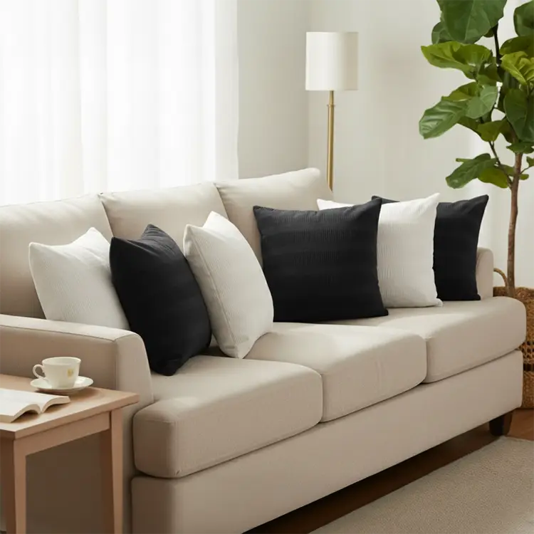 SOGA 6PC Cream Corduroy & Black Velvet Throw Pillow Covers 45cm Decorative Set