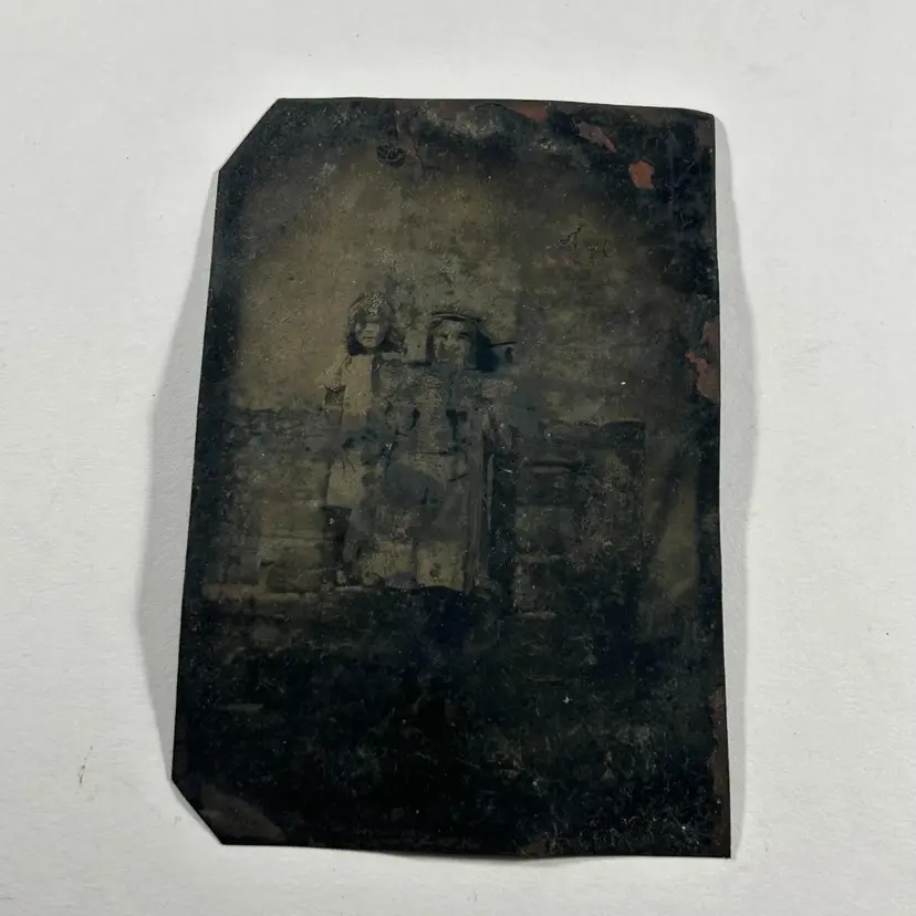 Tintype Young Girls in White Dresses and Boots Standing Sisters