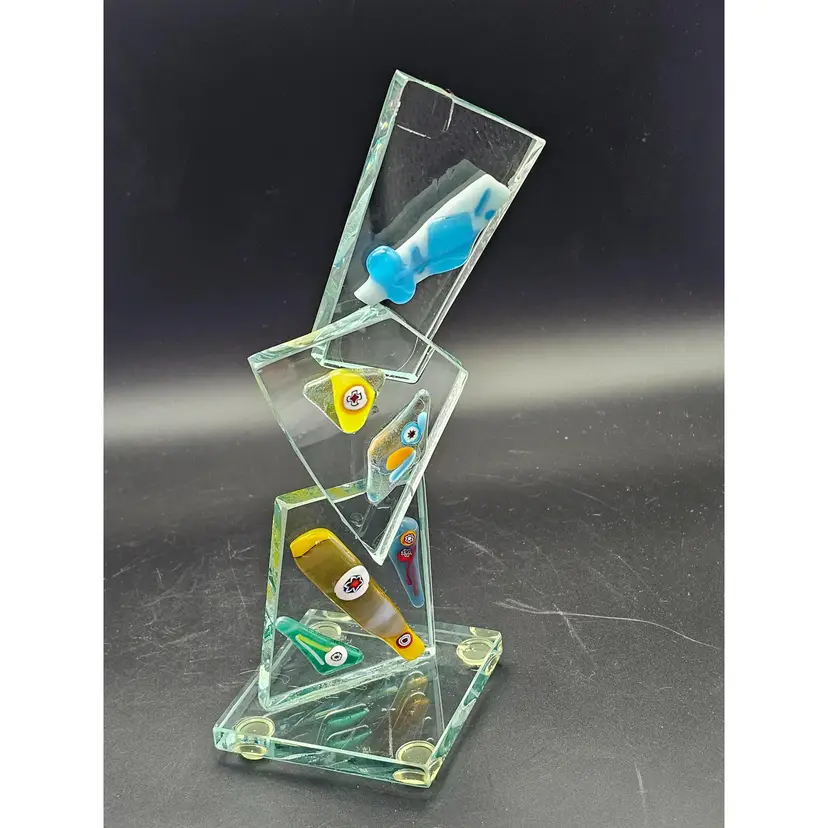 Studio Art Glass Tabletop Display With Applied Fused Glass Signed