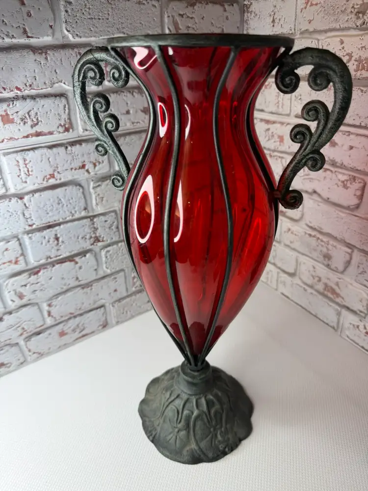 Vintage Tall Red Ruby Glass Surrounded By Metal Holding It READ
