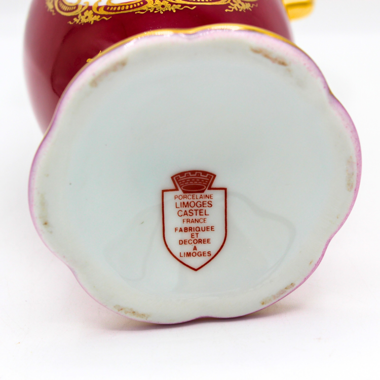 Vintage Limoges Porcelain Vase Ewer Pitcher Red Wine Burgundy Rococo Style Decor