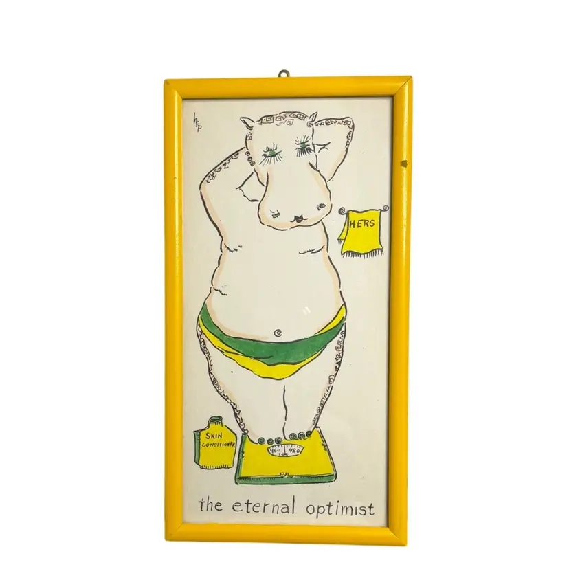Hippo Wall Art “The External Optimist” Hippo On Scale Yellow Frame AS IS
11-3/4” H x 5-1/4” W