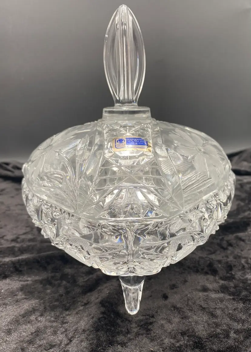 Vintage Lausitzer Glas Lead Crystal Hand Cut Candy Dish w/Lid, Flowers, GDR Sticker