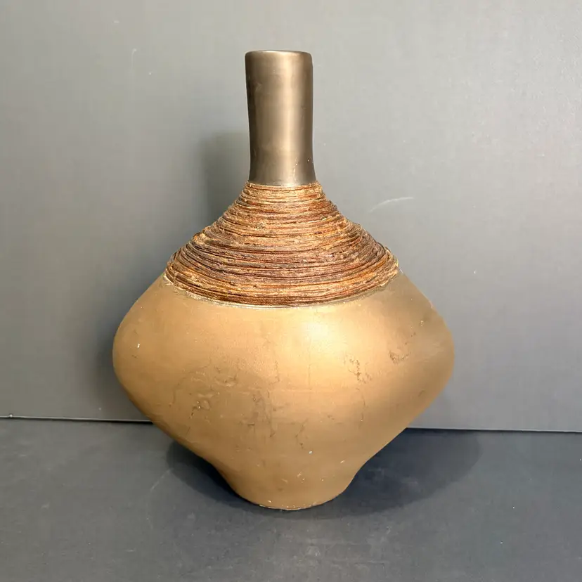 Studio pottery textured ceramic vase with natural fiber wrapping - copper color