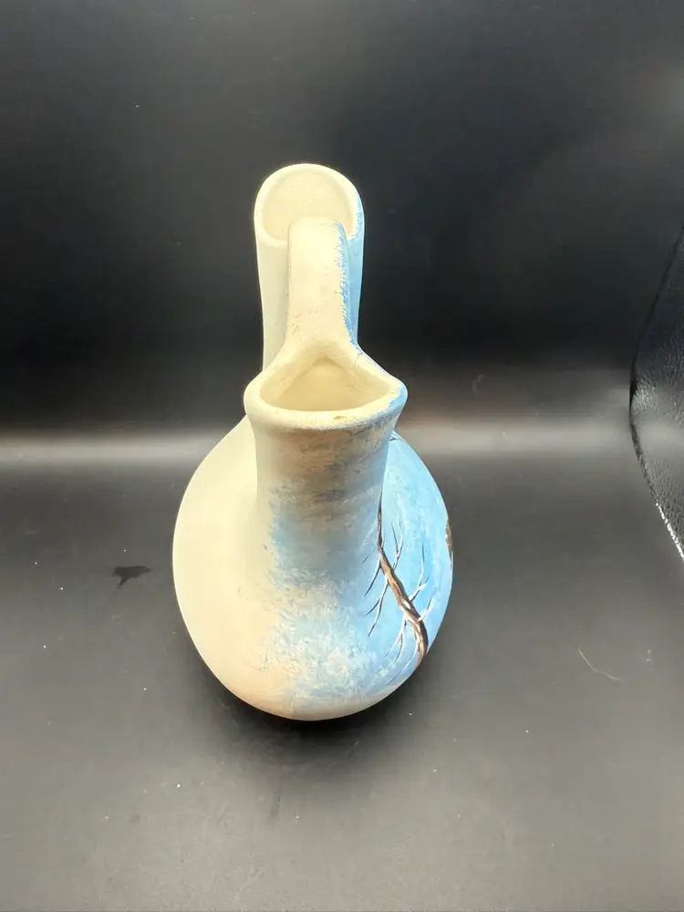 Pueblo Pottery Wedding Vase Hand-Painted With A Bear And Winter Scene