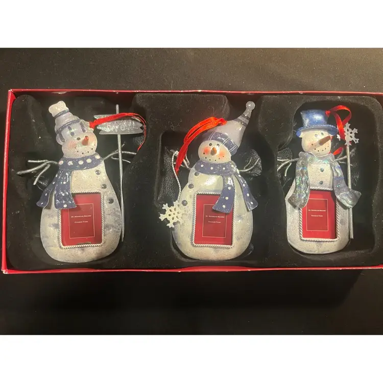 Set Of 3 St Nicolas Square Metal Snowman Picture Frame Ornaments Brand New