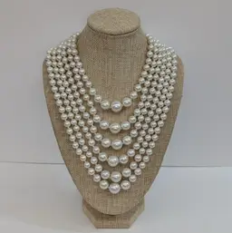 Vintage 6 Strand Faux Pearl Bib Necklace Graduated Hand Knotted Japan Mobwife