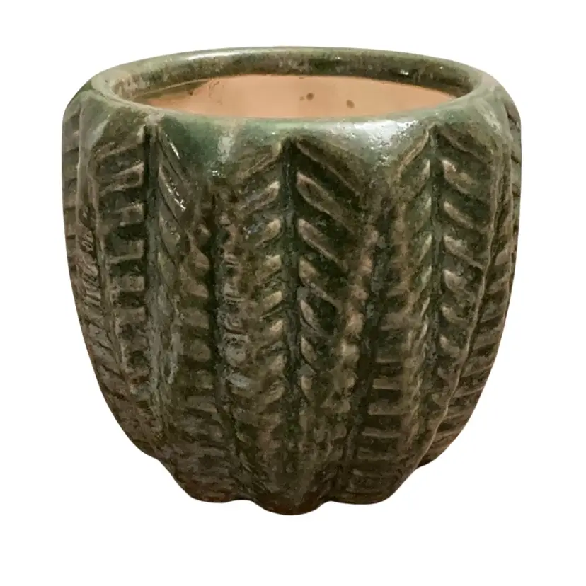 Green Glaze With Leaf Design Ceramic Decorative Planter 4 1/2” X 4 1/4”