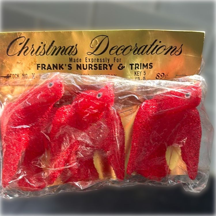 Christmas Red Sugared Birds Blow Mold Twist On New Old Stock 1970s Hong Kong 3 In Package