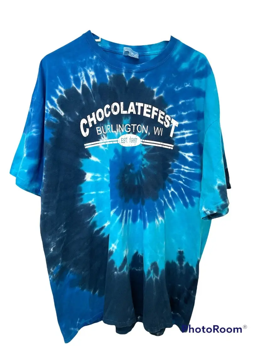 Hippie Tie Dye T-shirt shirt Chocolatefest Burlington WI Blue 2XL Groovy