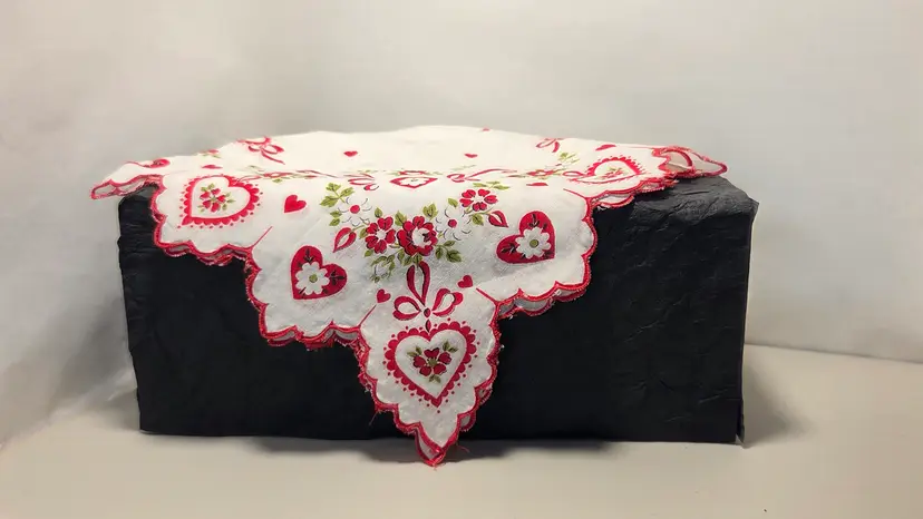 Vintage Valentine Handkerchief Hearts Ribbon Red Flowers Hankie