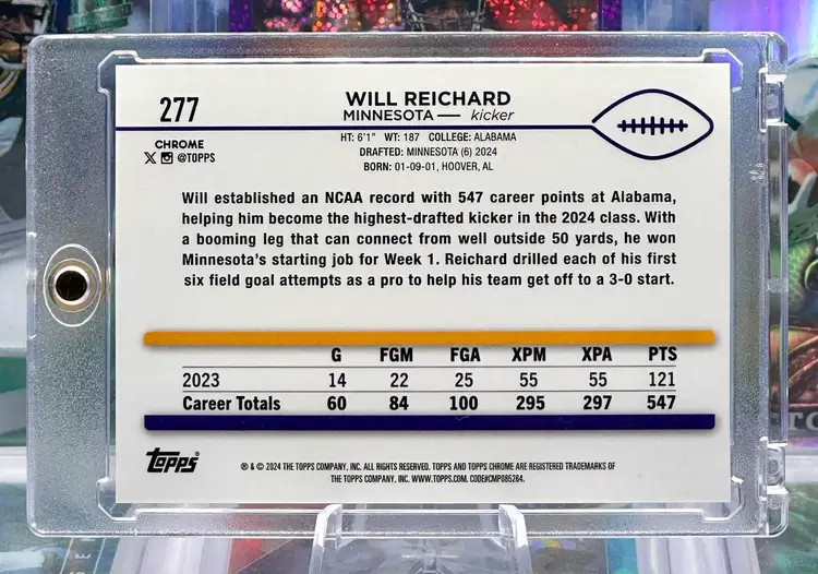 Will Reichard 2024 Topps Chrome Rookie /50 Gold Ice Refractor Prizm SP Minnesota Vikings