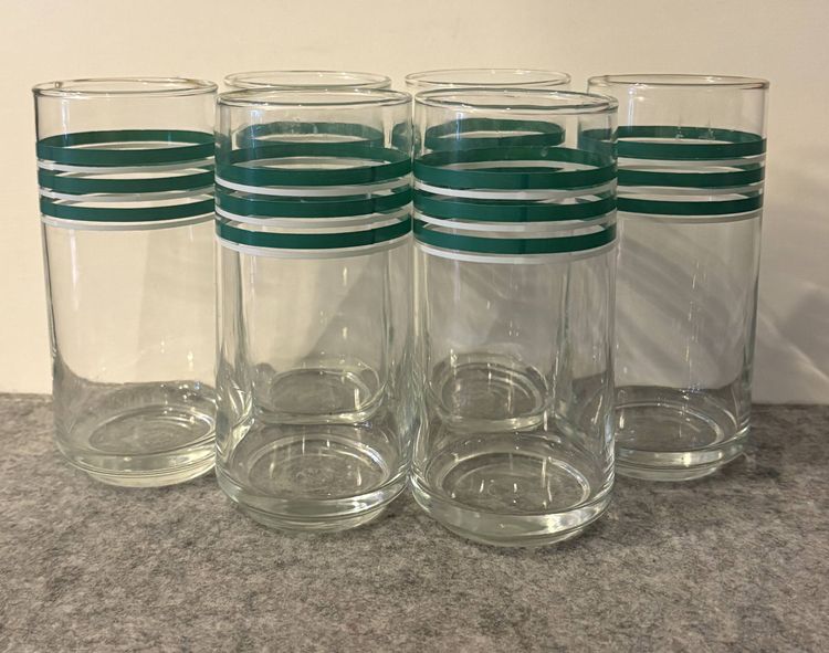 6 Vintage Green and White Striped Tumblers  # 3049