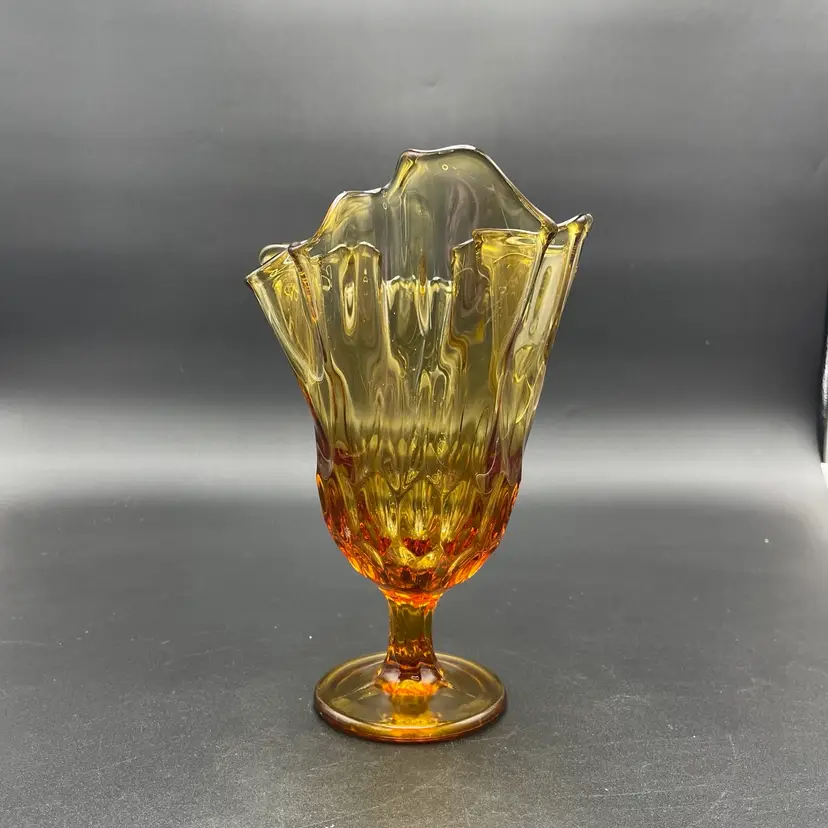 Fenton Glass Thumbprint Colonial Amber Pedestal Handkerchief Swung Vase Glows VTG