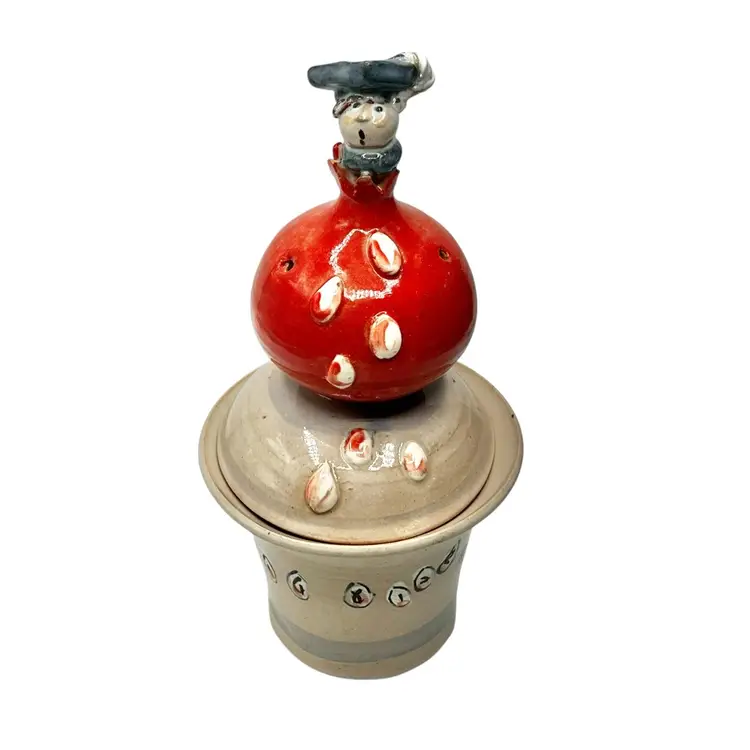 Irene Helitzer Judaica Pomegranate Box with Graduate Figurine | Signed Midrash Pottery Lidded Ceramic | Wisdom, Blessing & Achievement