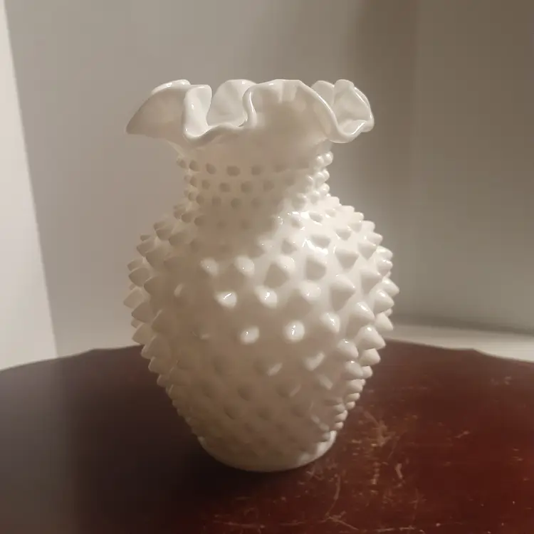Milk glass hobnail ruffle top vase