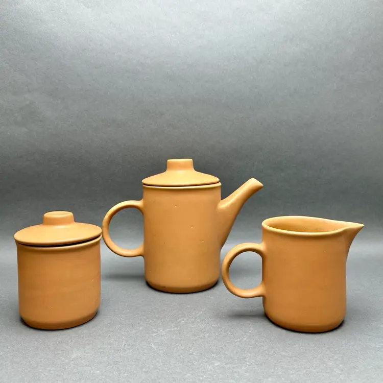 Vintage Nerina Louveira Brazil Terracotta Demitasse Set: Coffee Pot, 6 Cups Saucers, Creamer, Sugar
