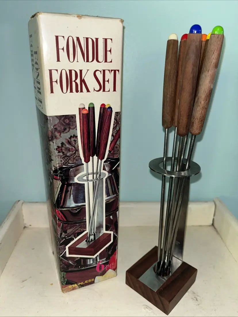 Vintage MCM Fondue Fork Set Stand with 6 Forks in Box Wood Stainless Steel Japan