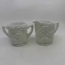 Vintage Westmoreland Milk Glass Sugar And Creamer Old Quilt Pattern Sawtooth Rims Embossed Maker’s Mark