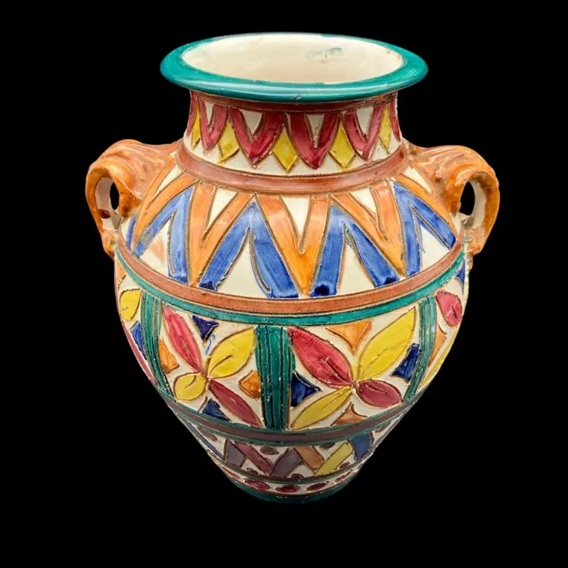 BIN - Colorful Vintage Italy Sgraffito Majolica Vase Urn 9.25” As Is.