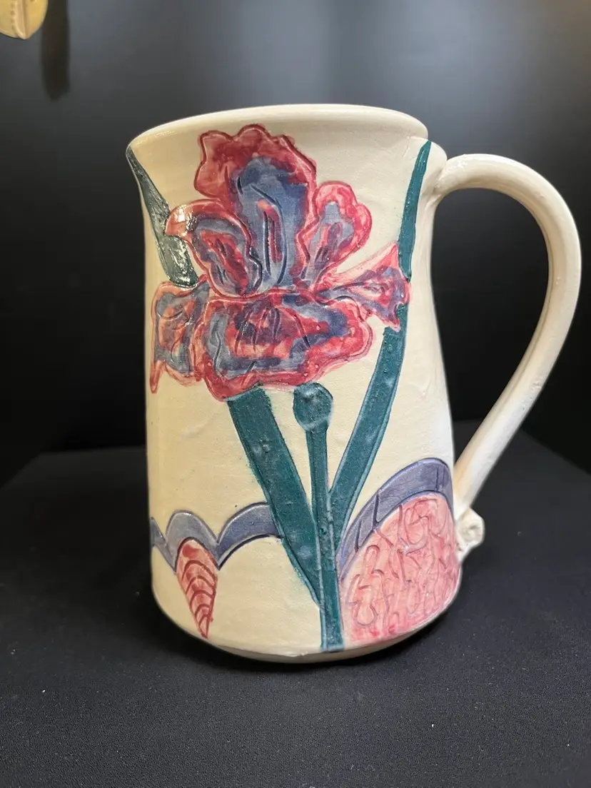 YUGE Mug? Vase? Planter? Pottery w/ Iris/Floral Design, Large Attached Handle.