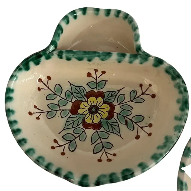 Pair of Studio Art Pottery-Made in Portugal -Olive & Pit Handle- Oil & Herb- Divided Dip-Terra Cotta Dishes 5” X 5.25”