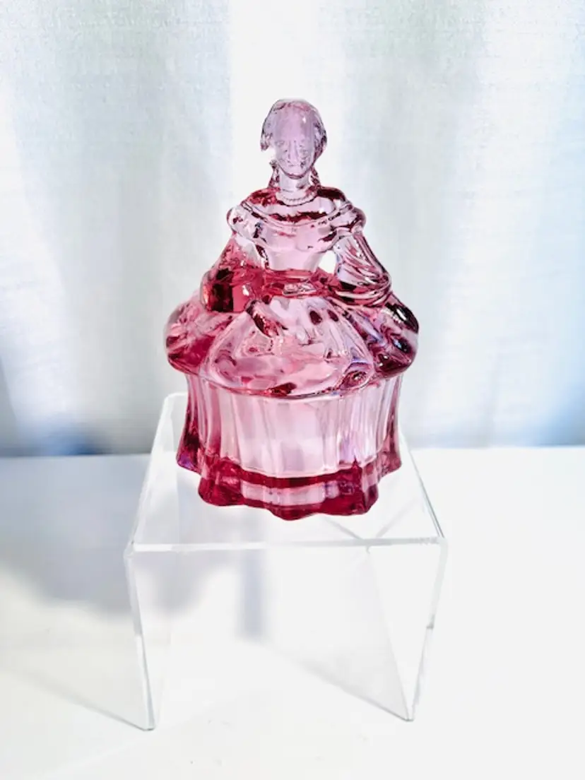 Vintage Moser Rose Pink Colonial Lady Figurine Trinket Box Jewelry Box 5 1/2" tall x 3 1/2" wide