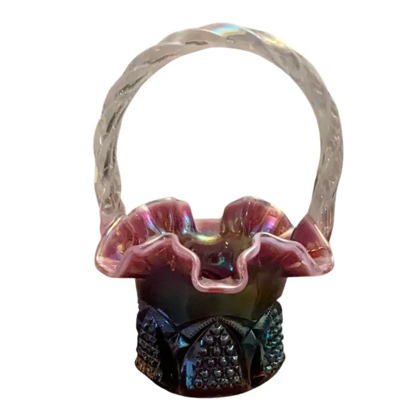 Fenton Plum Opalescent Button And Arch Basket Etched Signed By Don Fenton 1997