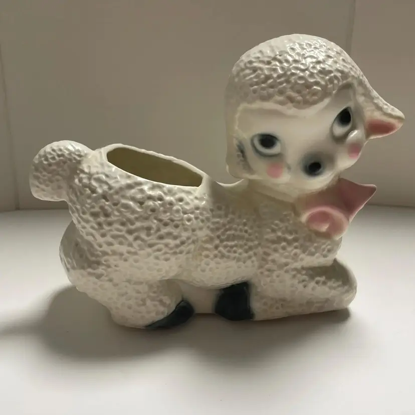 Adorable Vintage Lamb Planter With Pink Bell Detail