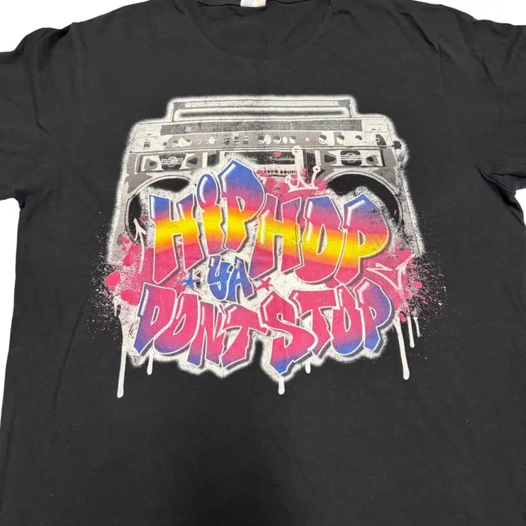 Graffiti Boombox “Hip Hop Ya Don’t Stop” Graphic Print Retro Black T-Shirt - L