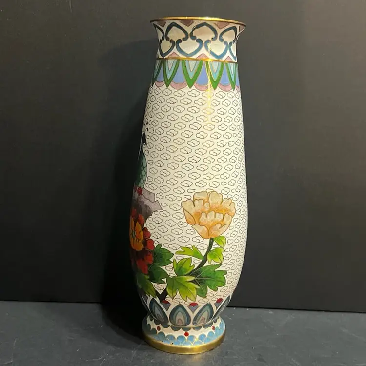 MARKDOWN! Peacocks Cloisonné Vintage Bud Vase ~8” x 3” diameter