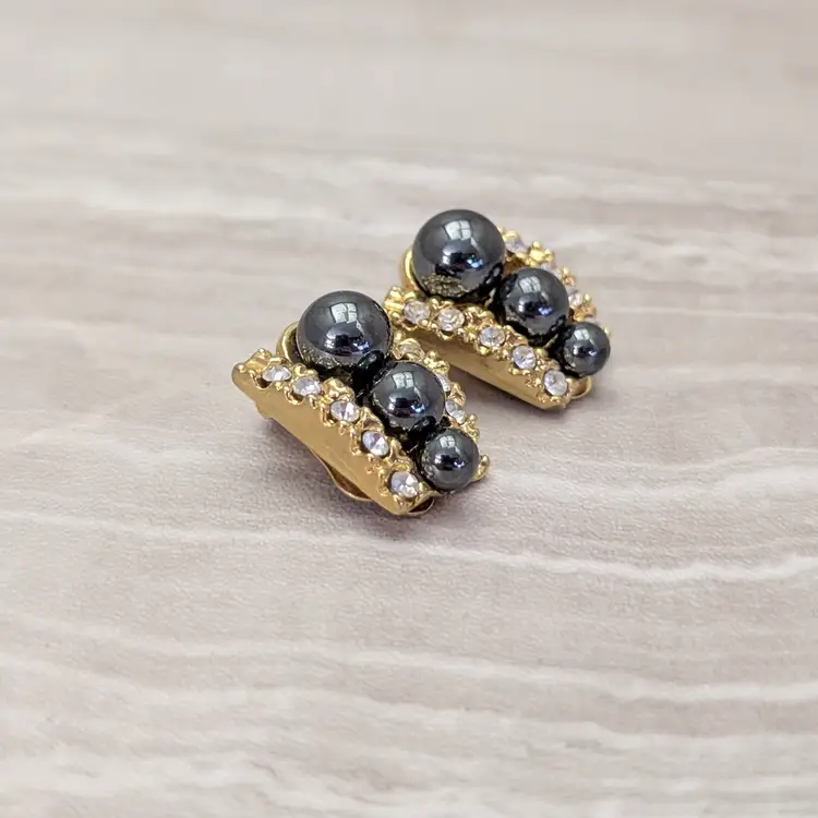 Vintage Clip On Earrings Faux? Hematite & Clear Gem Statement Earrings Large