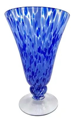 Vintage Large Art Glass Vase Confetti Splatter Blue Footed 11”