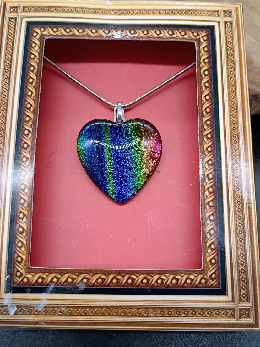 Diachroic hand blown Glass Heart on Silver plated chain.