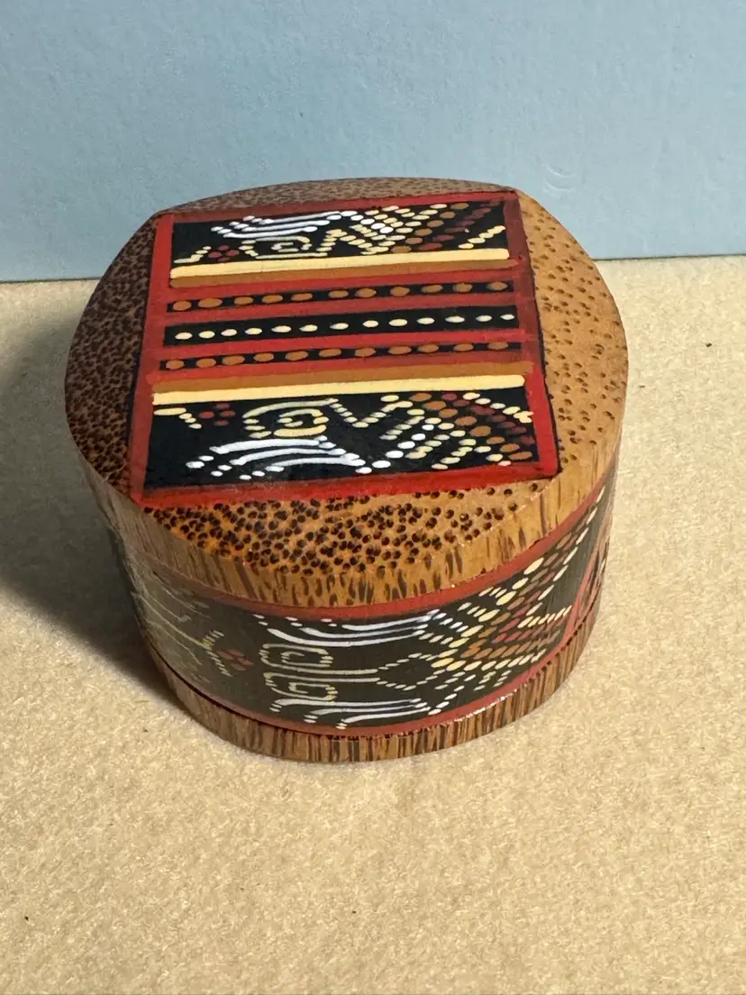 Hand-painted coconut wood round trinket box with geometric designs- From Hawaii