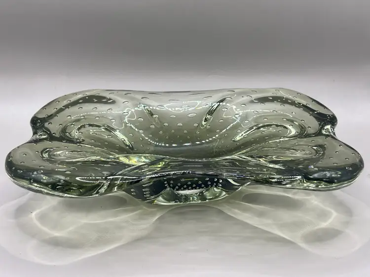 Large Art Glass Bowl Controlled Bubbles Avocado Green Slight Glow 8.5”