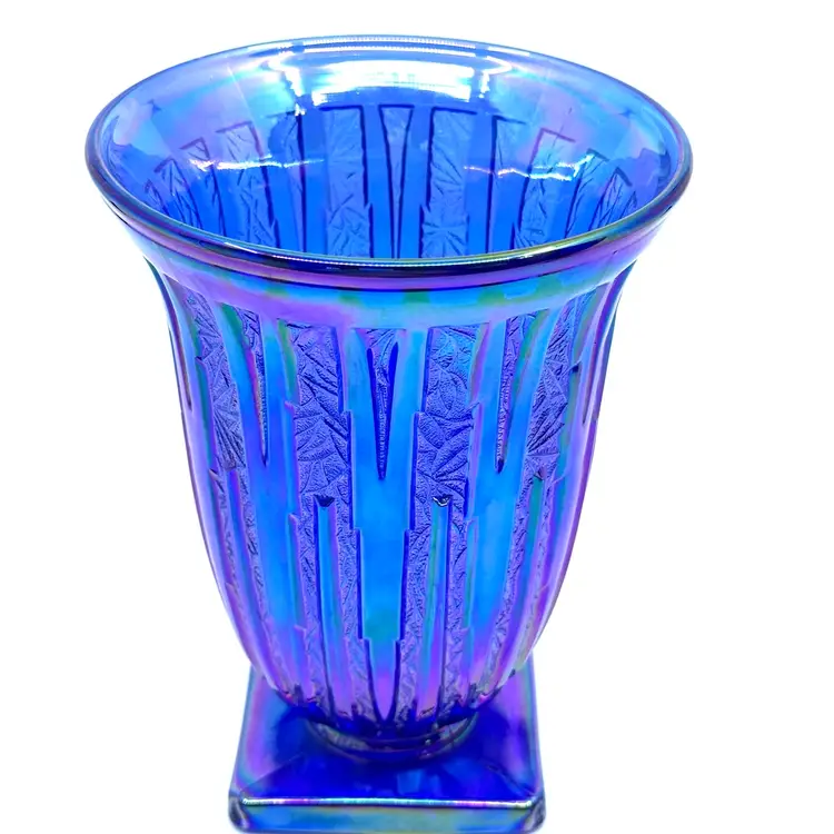 Fenton Verlys Lance Iridescent Cobalt Blue Carnival Glass Vase HTF 7.5" 1933's