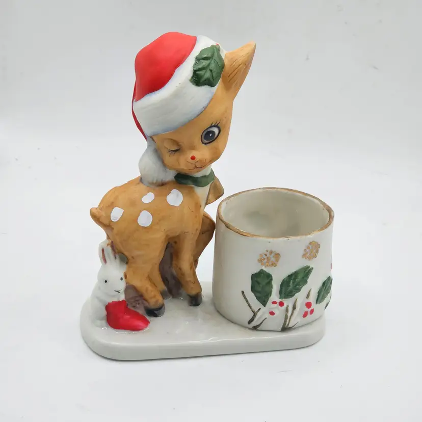 Jasco Christmas Reindeer Rudolph Vintage 1978 Porcelain Candle Holder